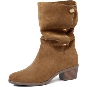 Women's Suede Mid Calf Boots 3 Way Fold Over Style Chunky Block Heel Booties